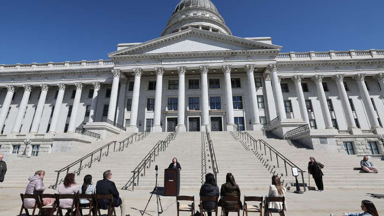 State Rep. Angela Romero, D-Salt Lake City, speaks during a press conference to kick off Sexual Assault Awareness Month at the Capitol in Salt Lake City on Wednesday.