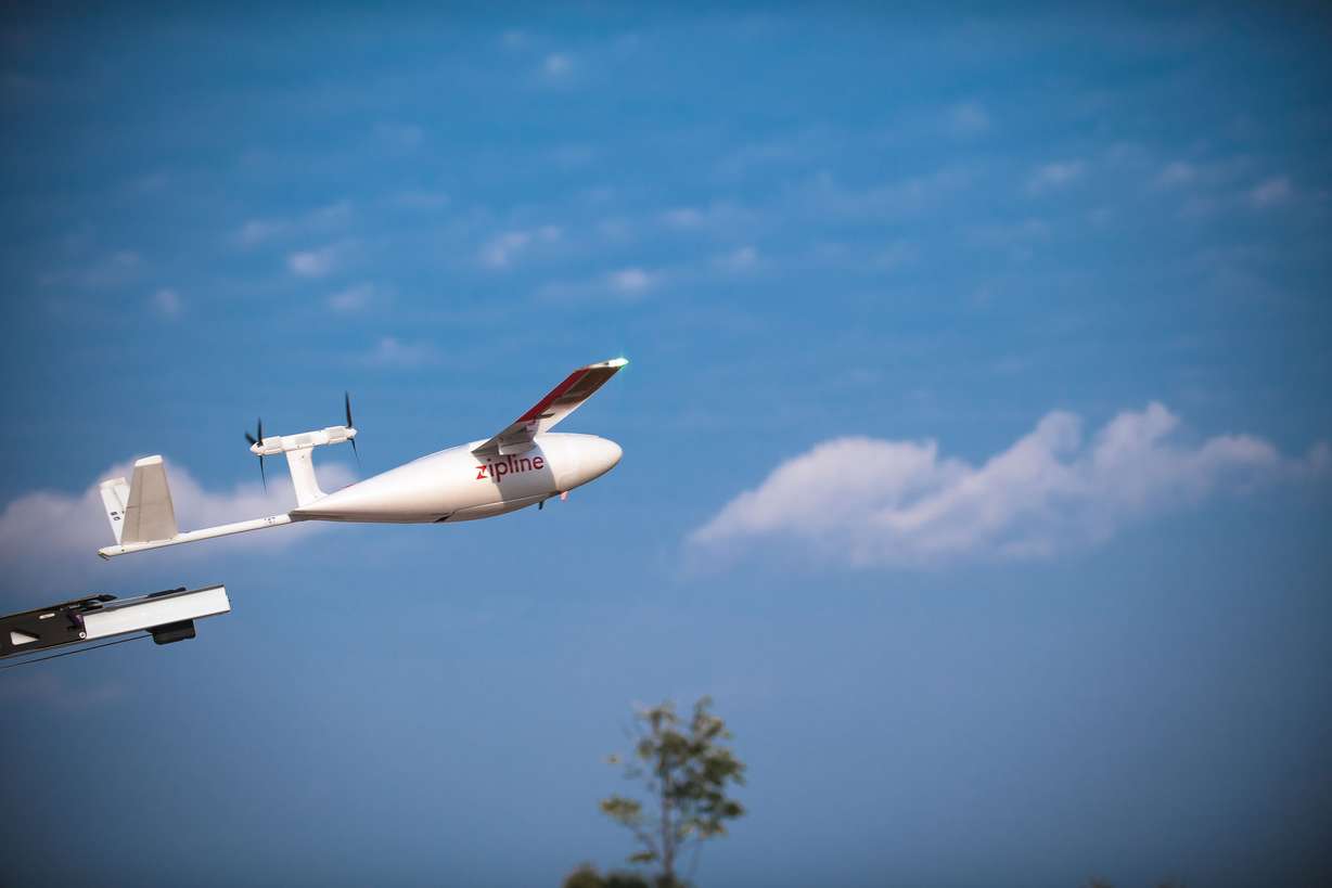A fixed-wing drone from Zipline is launched as it goes through testing in Pea Ridge, Ark., in this undated handout photo.