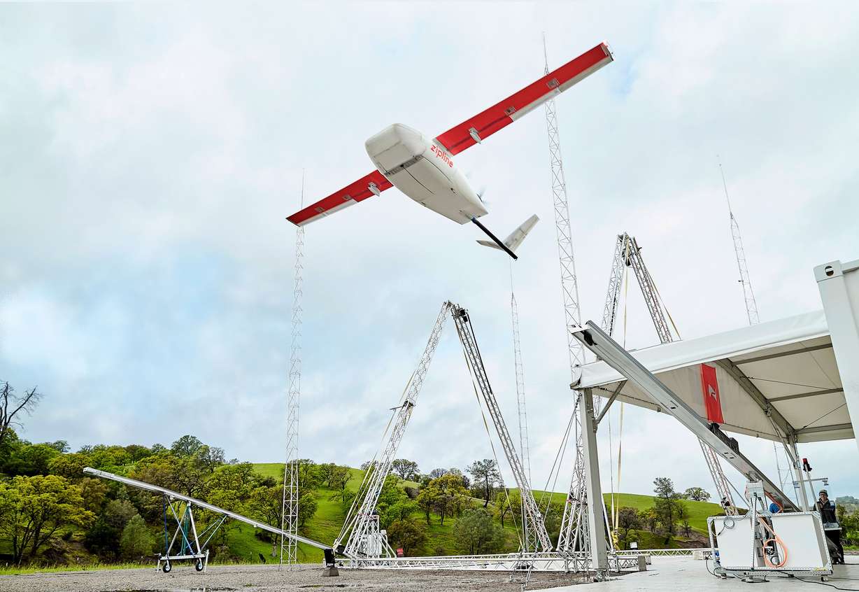 A fixed-wing drone launches from Zipline as it goes through testing in Northern California in this undated handout photo.