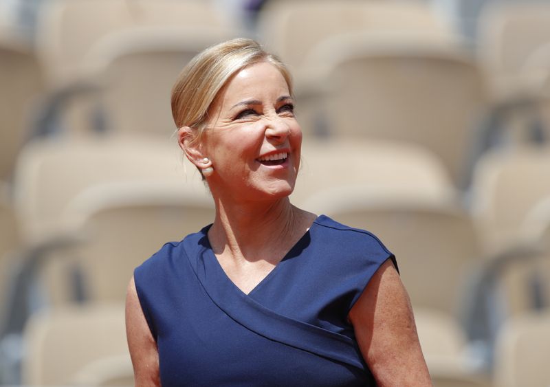 FILE PHOTO: Tennis - French Open - Roland Garros, Paris, France - June 6, 2019. Chris Evert greets fans after Amanda Anisimova of the U.S. won her quarterfinal match against Romania's Simona Halep.