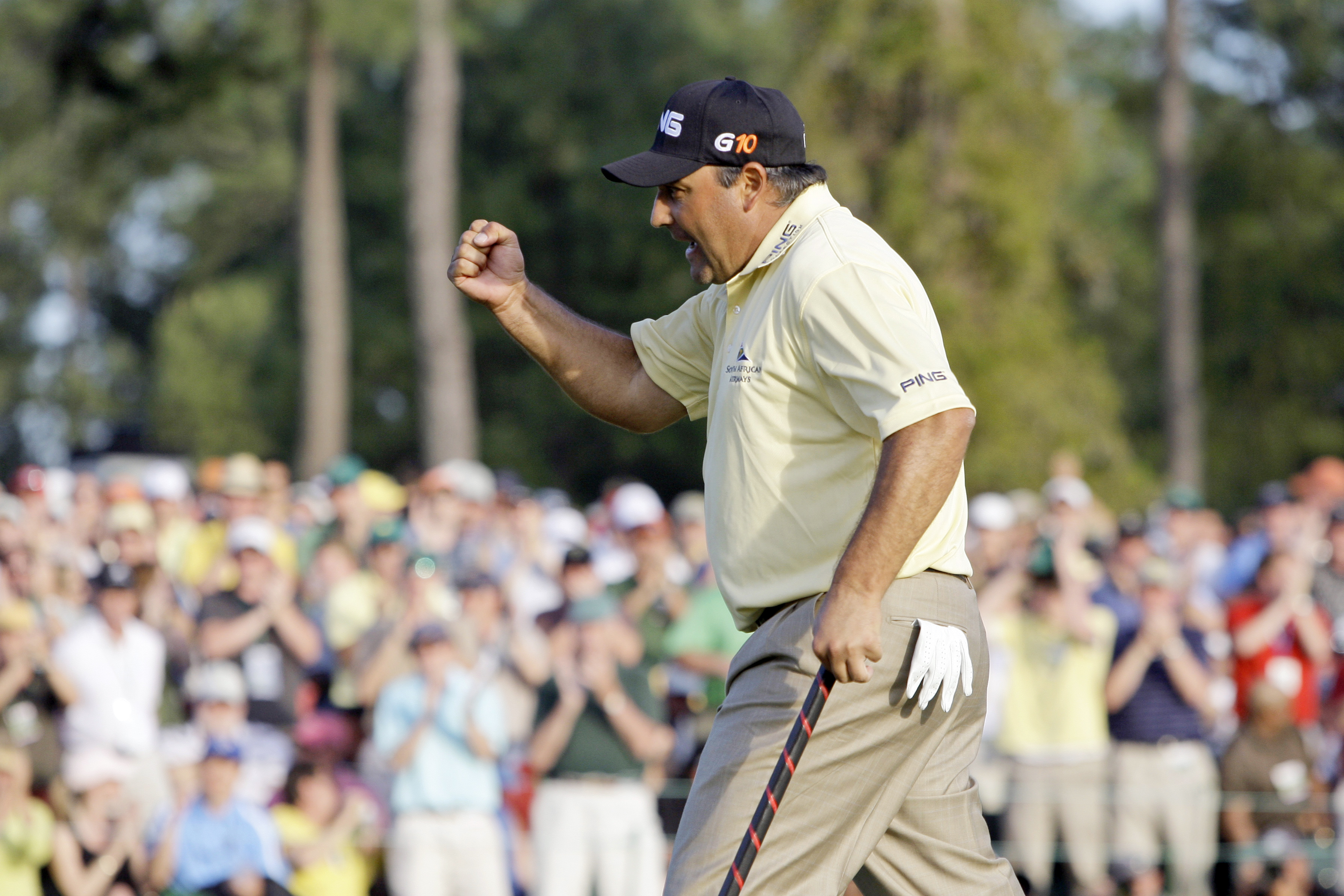 FILE - Angel Cabrera, of Argentina, reacts during the final round of the Masters golf tournament at the Augusta National Golf Club in Augusta, Ga., on April 12, 2009. As the Masters unfolds this week, 2009 winner Angel Cabrera sits in an Argentinian prison.