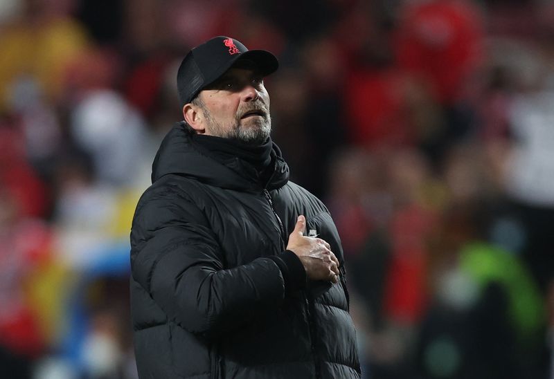 FILE PHOTO: Soccer Football - Champions League - Quarter Final - First Leg - Benfica v Liverpool - Estadio da Luz, Lisbon, Portugal - April 5, 2022 Liverpool manager Juergen Klopp celebrates after the match Action Images via Reuters/Matthew Childs