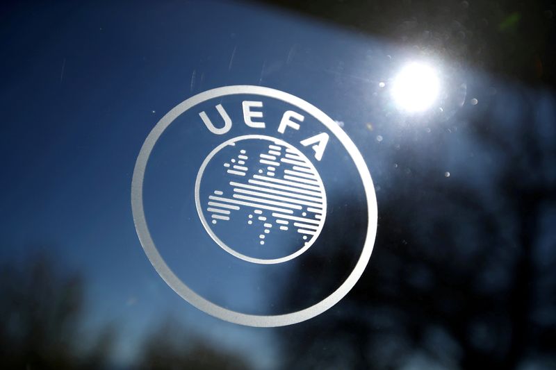 FILE PHOTO: Soccer Football - Europa League - Round of 16 draw - Nyon, Switzerland - February 28, 2020   General view of the UEFA logo at UEFA Headquarters before the draw