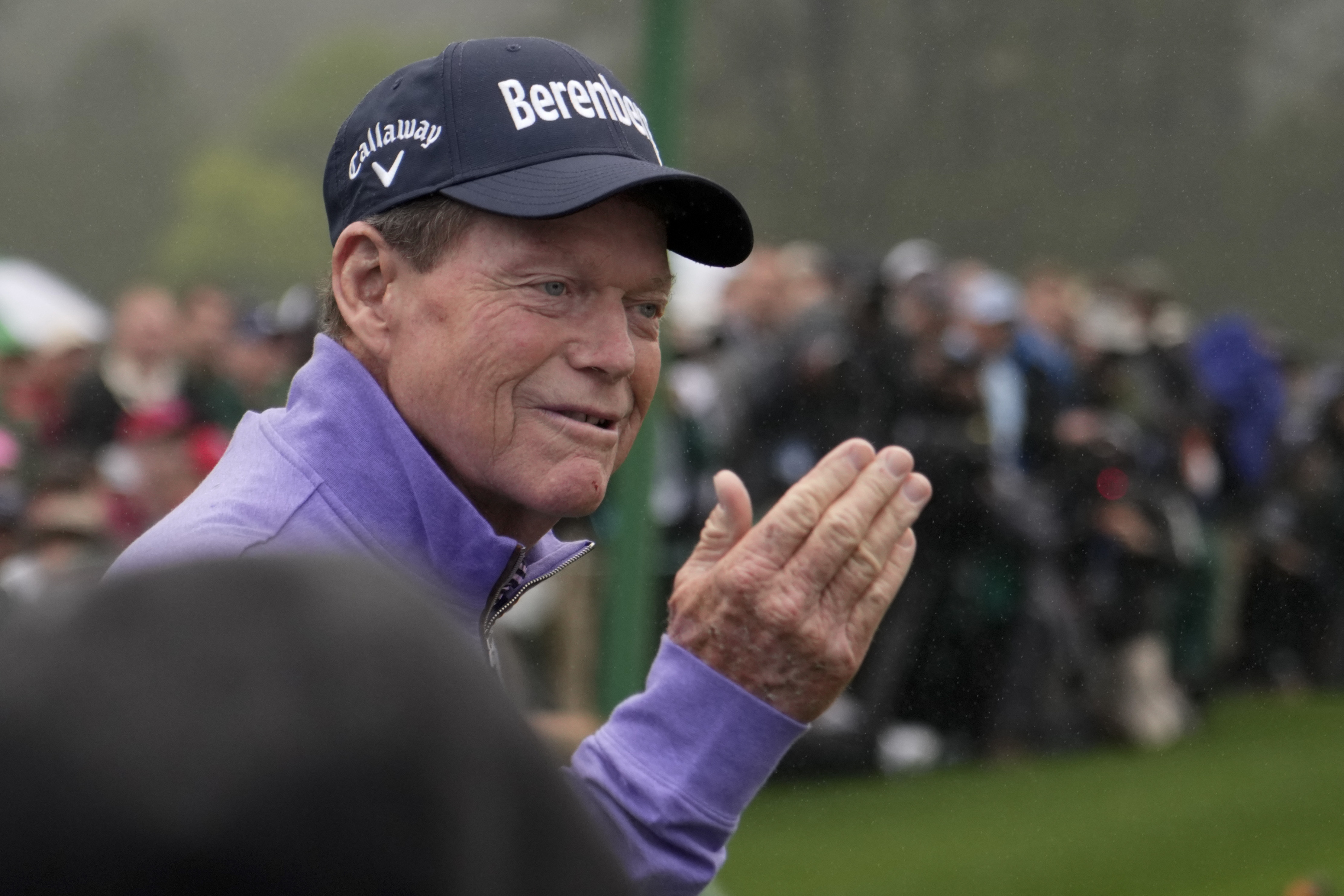 Tom Watson gets ready to hit in the honorary starter ceremony before the first round at the Masters golf tournament on Thursday, April 7, 2022, in Augusta, Ga. 