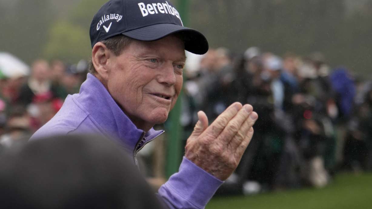 Tom Watson gets ready to hit in the honorary starter ceremony before the first round at the Masters golf tournament on Thursday, April 7, 2022, in Augusta, Ga.