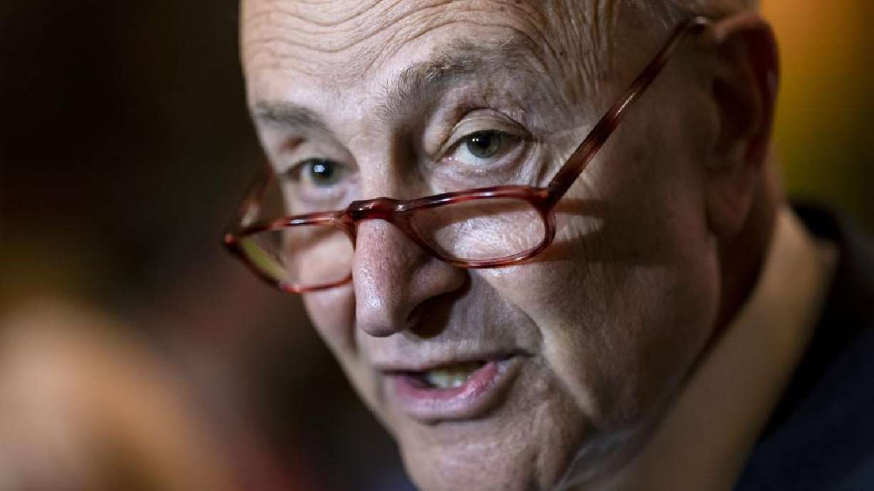 Senate Majority Leader Chuck Schumer, D-N.Y., meets with reporters at the Capitol in Washington, Tuesday. The Senate voted unanimously Thursday to suspend normal trade relations with Russia and ban the importation of its oil.