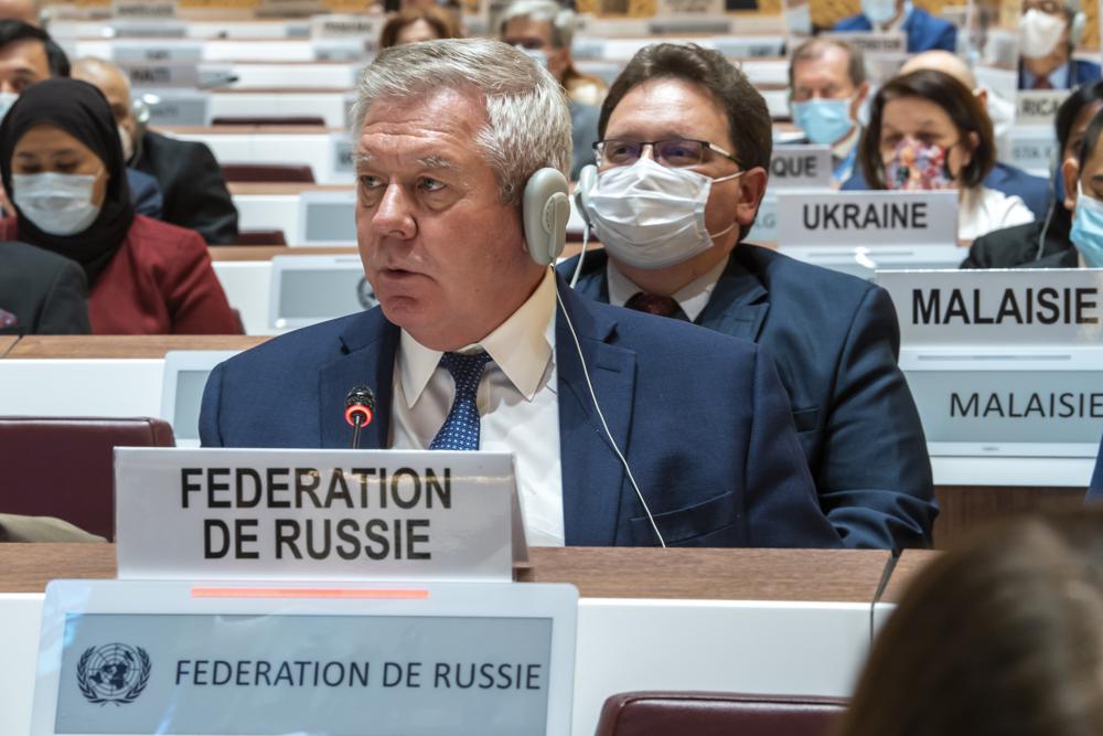 Russian ambassador Gennady Gatilov, left, and Ukraine's ambassador Yevheniia Filipenko, far right, appear at the European headquarters of the United Nations in Geneva, Switzerland, Thursday, March 3. The U.N. General Assembly voted Thursday to suspend Russia from the world organization’s leading human rights body over allegations of horrific rights violations by Russian soldiers in Ukraine.
