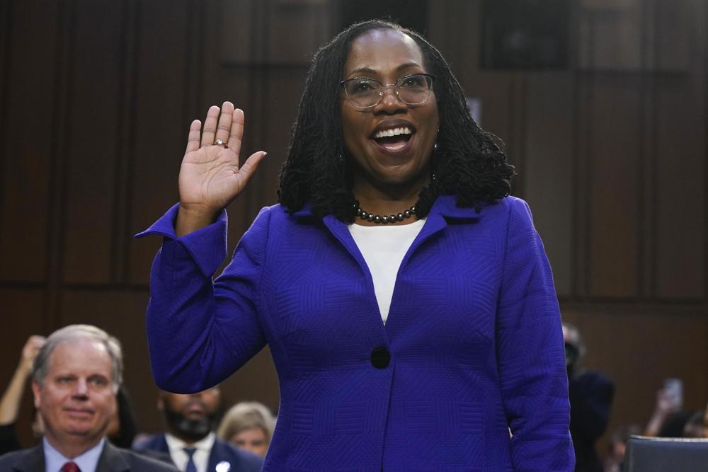 FILE - Supreme Court nominee Judge Ketanji Brown Jackson is sworn in for her confirmation hearing before the Senate Judiciary Committee March 21, on Capitol Hill in Washington.