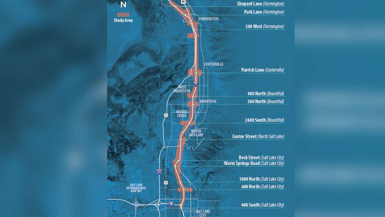 This map shows the section of I-15 that the Utah Department of Transportation is reviewing for an improvement project.
