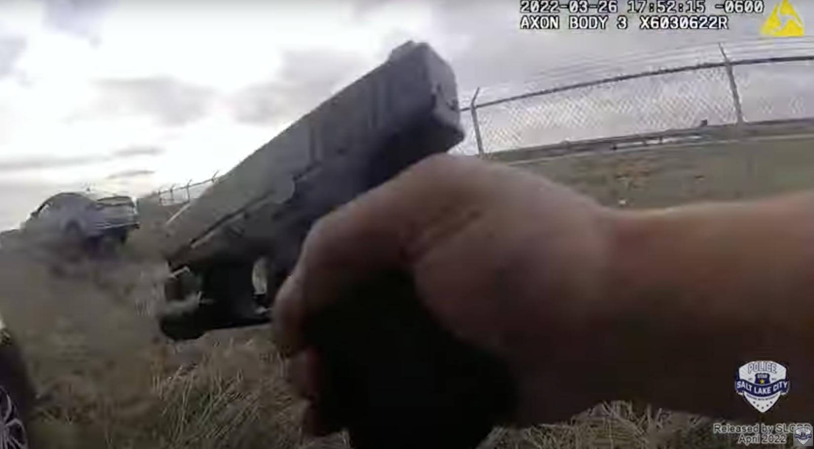 A framegrab from a Salt Lake police officer's body camera video during a March 26 shooting death in Salt Lake City.