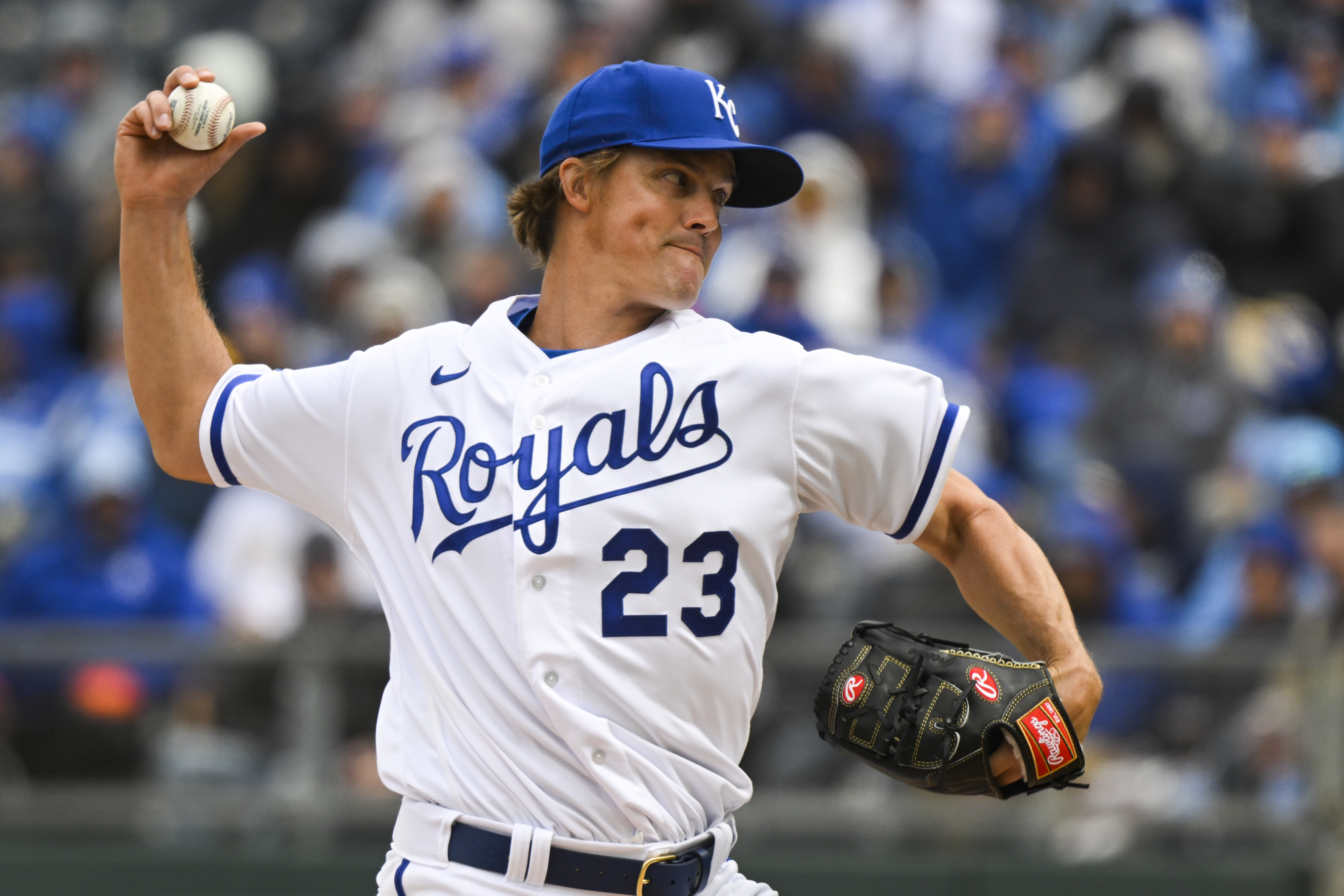 Kansas City Royals starting pitcher Zack Greinke throws against the Cleveland Guardians during the first inning of a baseball game, Thursday, April 7, 2022 in Kansas City, Mo. 
