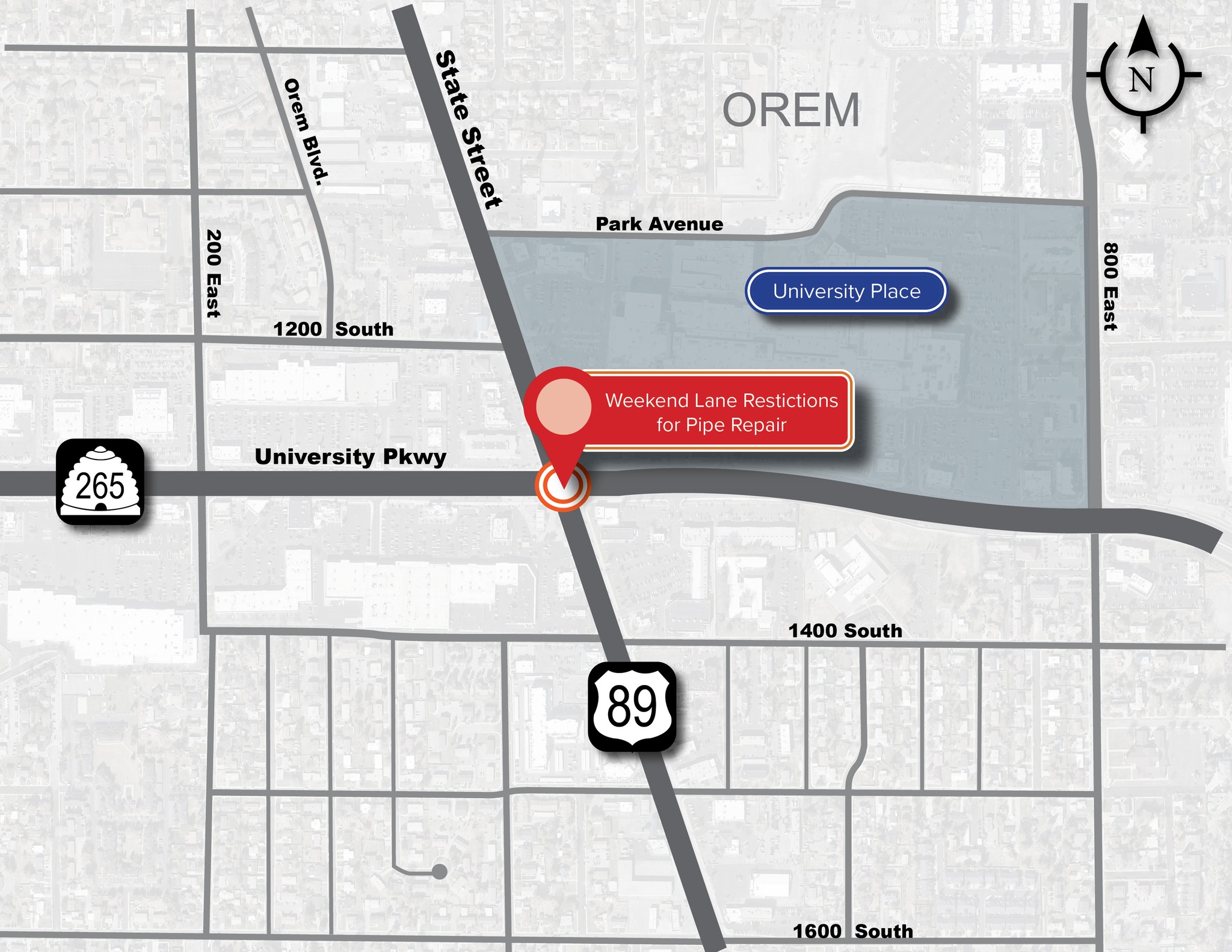 This map shows the area of construction in Orem City that will be conducted Saturday night through Monday morning.