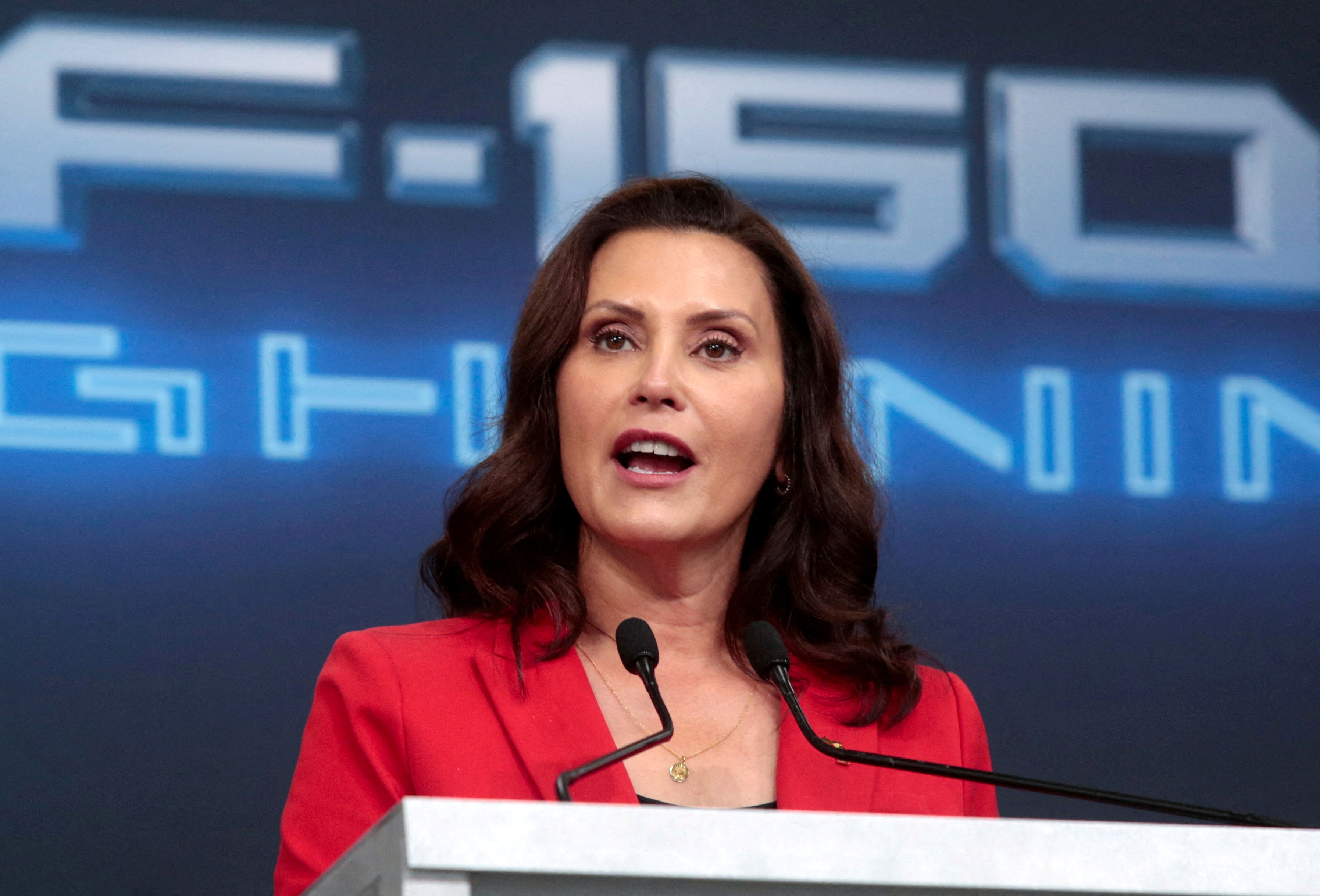 Michigan Gov. Gretchen Whitmer speaks at the Rouge Electric Vehicle Center in Dearborn, Mich., Sept. 16, 2021. A federal jury on Friday acquitted two men of conspiring to kidnap Whitmer.