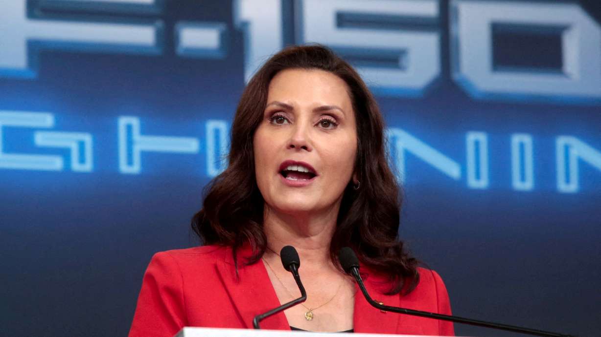 Michigan Gov. Gretchen Whitmer speaks at the Rouge Electric Vehicle Center in Dearborn, Mich., Sept. 16, 2021. A federal jury on Friday acquitted two men of conspiring to kidnap Whitmer.
