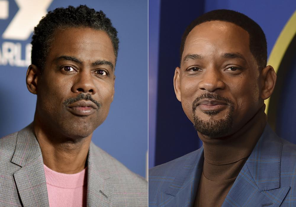 Chris Rock appears at the the FX portion of the Television Critics Association Winter press tour in Pasadena, Calif., on Jan. 9, 2020, left, and Will Smith appears at the 94th Academy Awards nominees luncheon in Los Angeles on March 7. Smith was banned from Oscars, other film academy events for 10 years for slapping Rock onstage at Academy Awards.