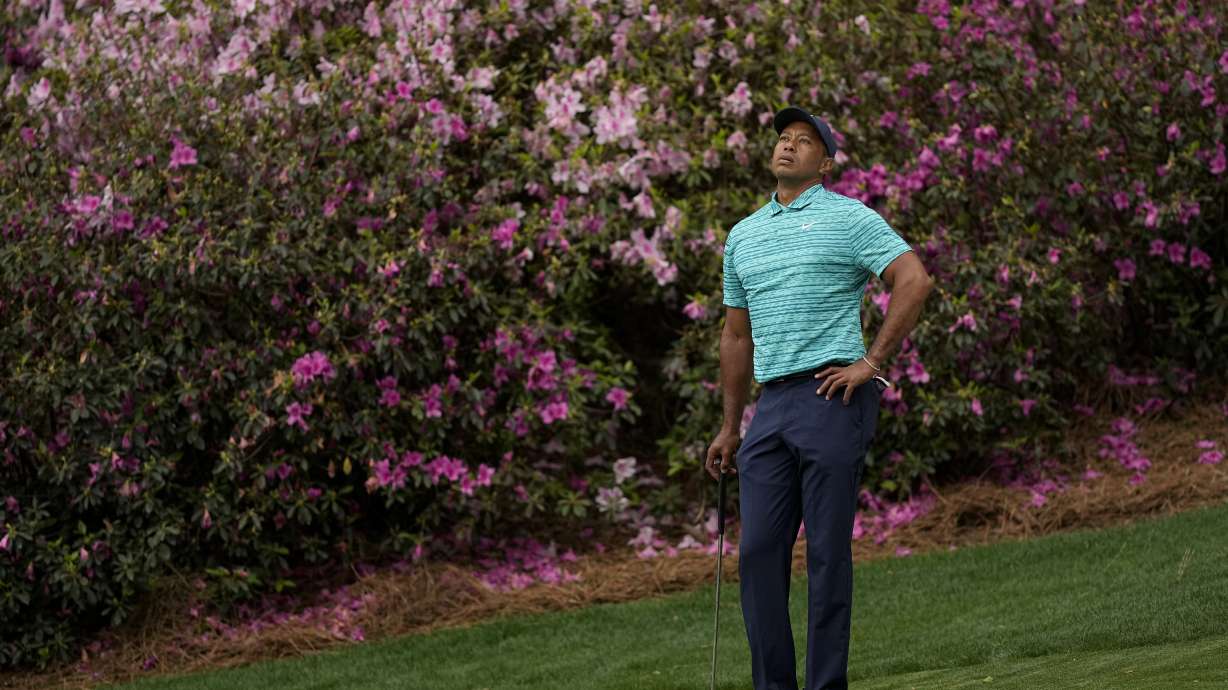 Tiger Woods waits to putt on the 13th green during the second round at the Masters golf tournament on Friday, April 8, 2022, in Augusta, Ga.