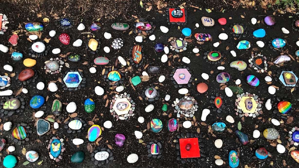 A collection of painted rocks at Allen Park in Salt Lake City on March 24, 2022. The collection is one of over a hundred unique findings that Salt Lake City resident Bryant Heath has mapped out in a collection of unusual sights.