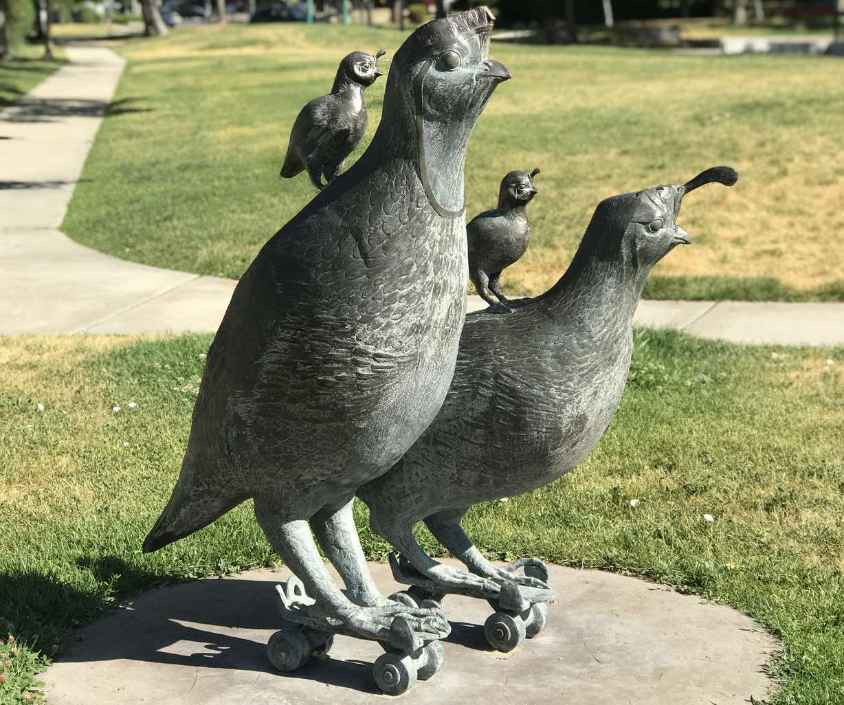 A sculpture of rollerskating quails at Davis Park in Salt Lake City on July 13, 2021.