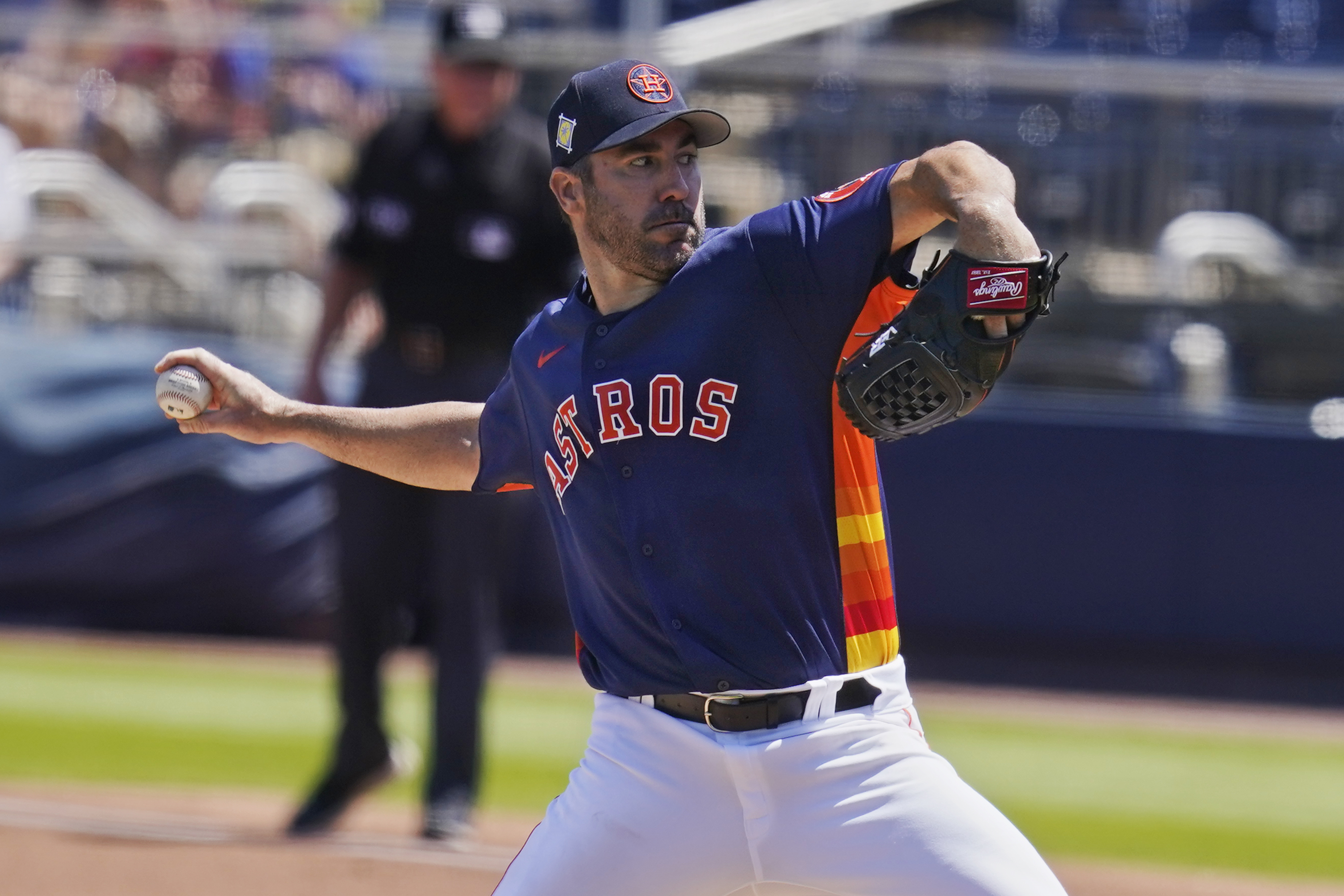 Houston Astros' Justin Verlander pitches in the second inning of a spring training baseball game against the Washington Nationals, Tuesday, March 29, 2022, in West Palm Beach, Fla. 