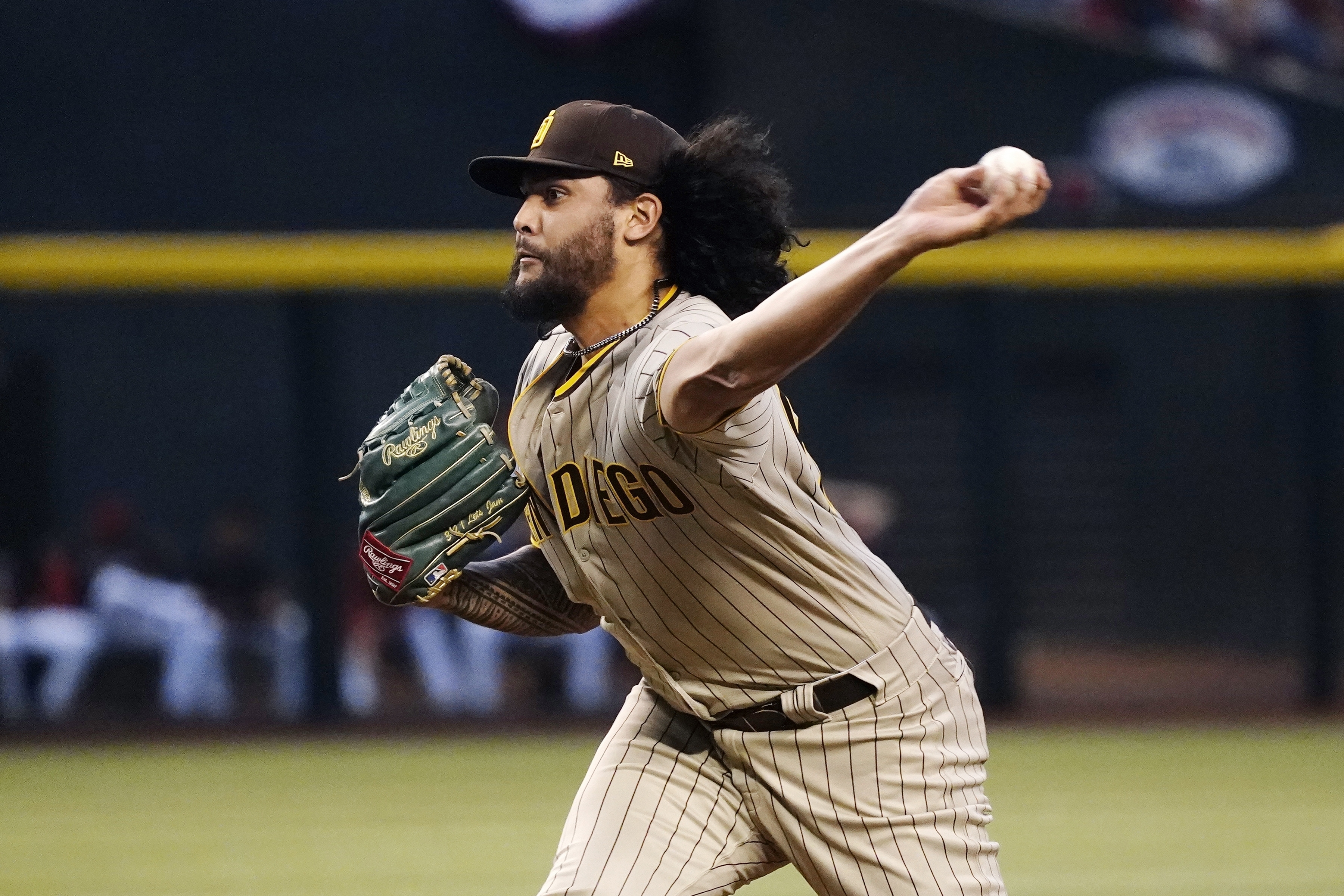 San Diego Padres starting pitcher Sean Manaea throws against the Arizona Diamondbacks during the first inning of a baseball game Friday, April 8, 2022, in Phoenix. 