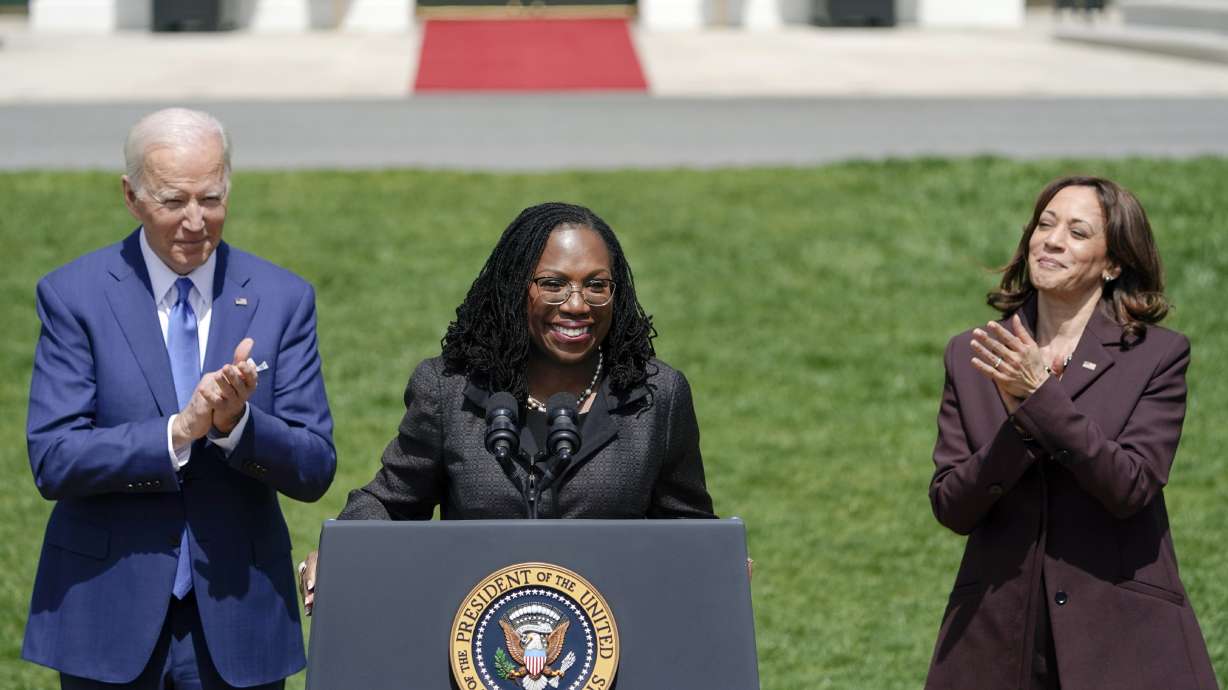 President Joe Biden and Vice President Kamala Harris applaud Judge Ketanji Brown Jackson as Jackson speaks during an event on the South Lawn of the White House in Washington, Friday celebrating the confirmation of Jackson as the first Black woman to reach the Supreme Court.