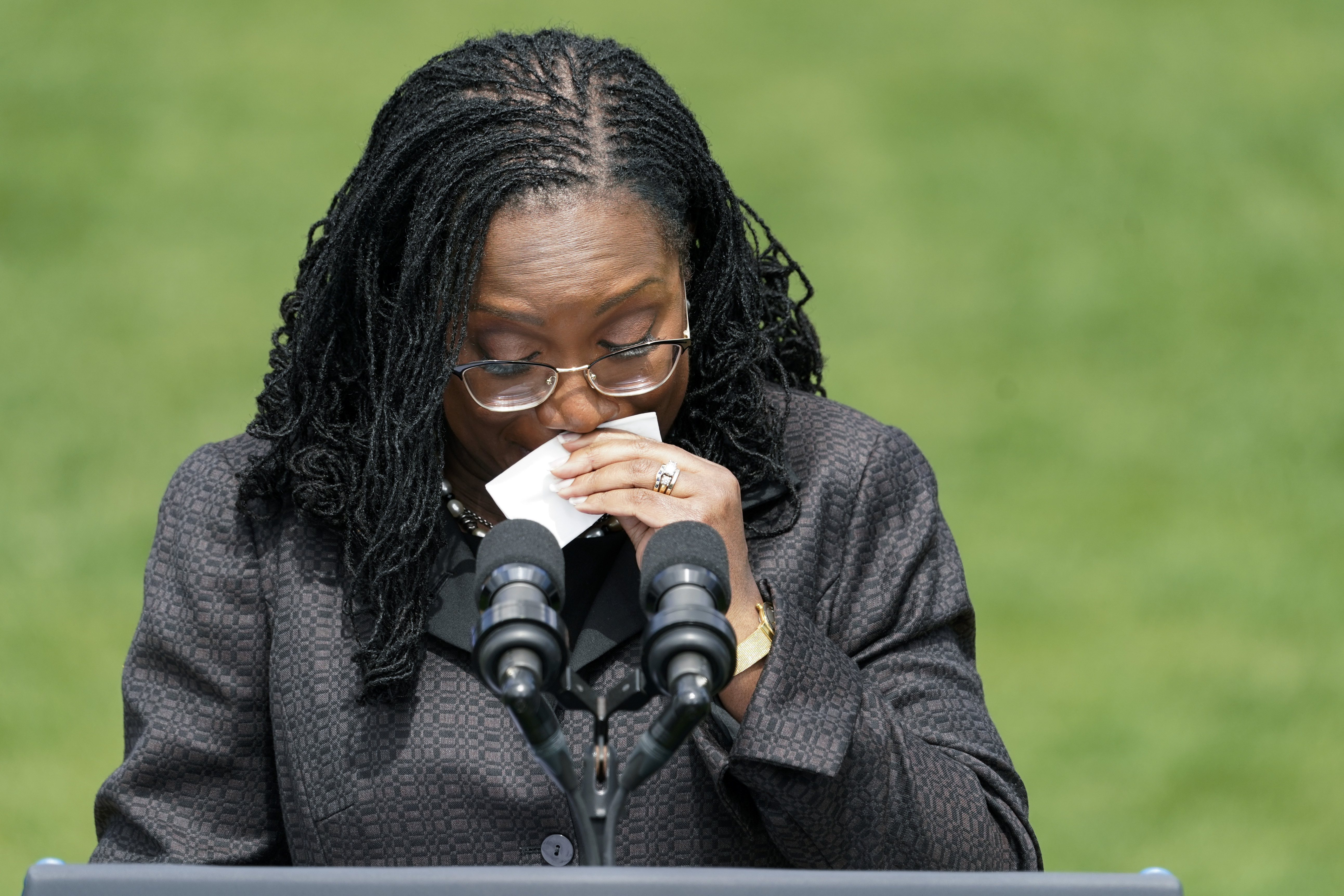 Judge Ketanji Brown Jackson tears up as she speaks during an event on the South Lawn of the White House in Washington, Friday, celebrating the confirmation of Jackson as the first Black woman to reach the Supreme Court.