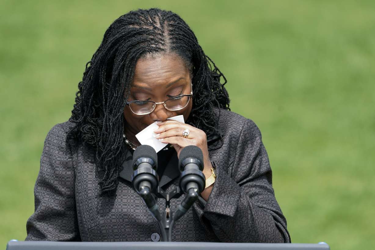 Judge Ketanji Brown Jackson tears up as she speaks during an event on the South Lawn of the White House in Washington, Friday, celebrating the confirmation of Jackson as the first Black woman to reach the Supreme Court.