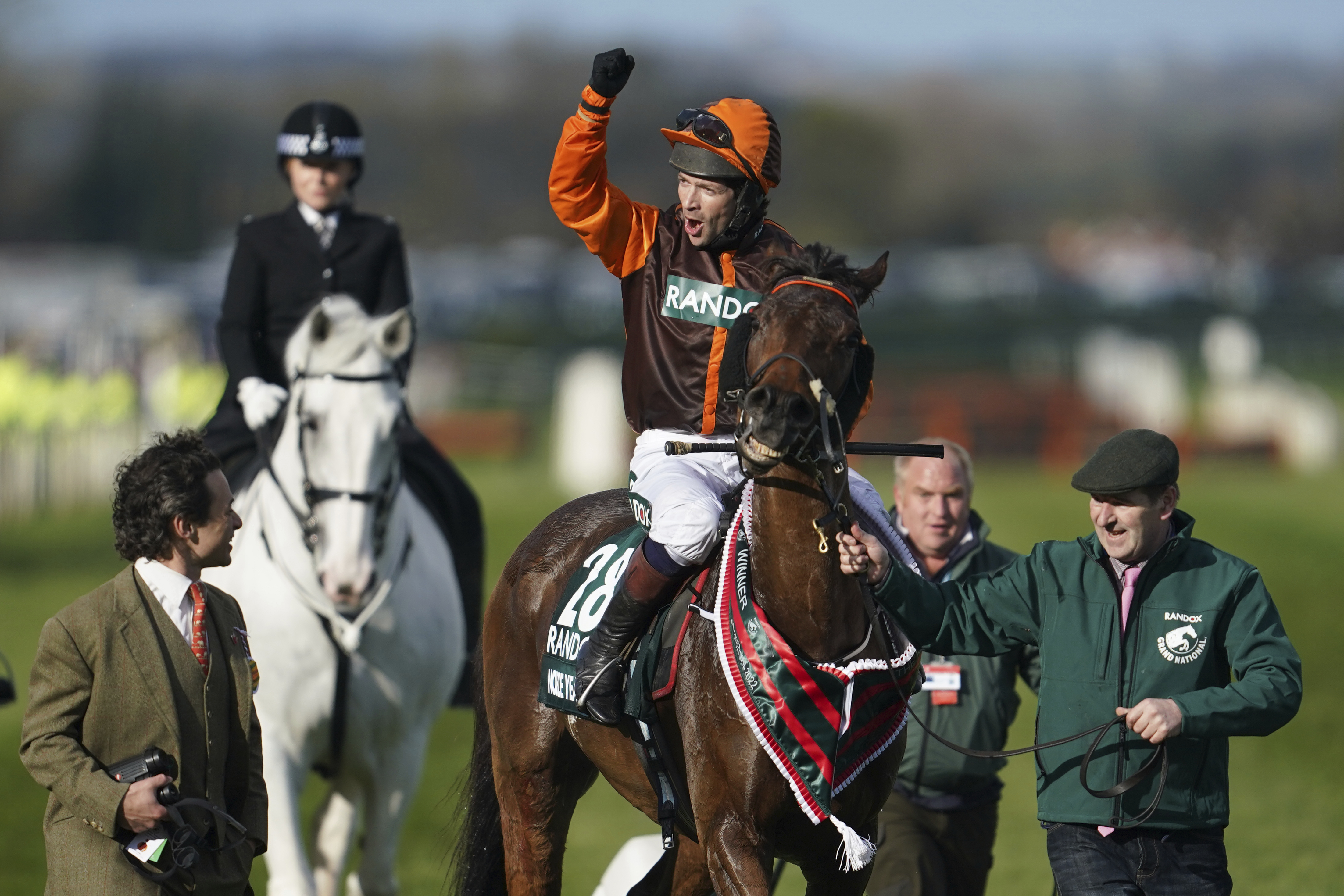 Noble Yeats ridden by Sam Waley-Cohen gestures as he celebrates after winning the Grand National horse race at Aintree, Liverpool, England, Saturday, April 9, 2022. The iconic Grand National race which is run over fences is 4 miles, 2 ½ furlongs has its origins in the 1839 Grand Liverpool Steeplechase .