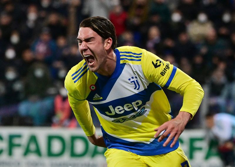 Soccer Football - Serie A - Cagliari v Juventus - Sardegna Arena, Cagliari, Italy - April 9, 2022  Juventus' Dusan Vlahovic celebrates scoring their second goal