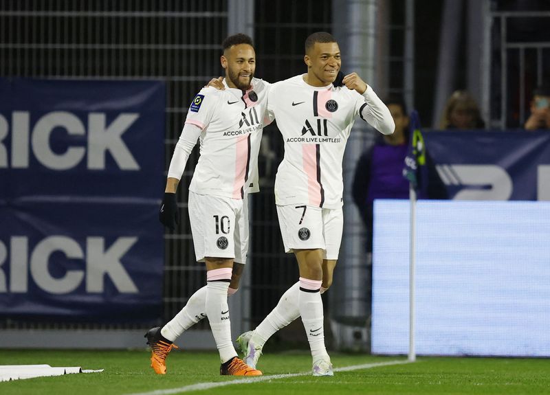 Soccer Football - Ligue 1 - Clermont v Paris St Germain - Stade Gabriel Montpied, Clermont-Ferrand, France - April 9, 2022 Paris St Germain's Neymar celebrates scoring their sixth goal to complete his hat-trick with Kylian Mbappe