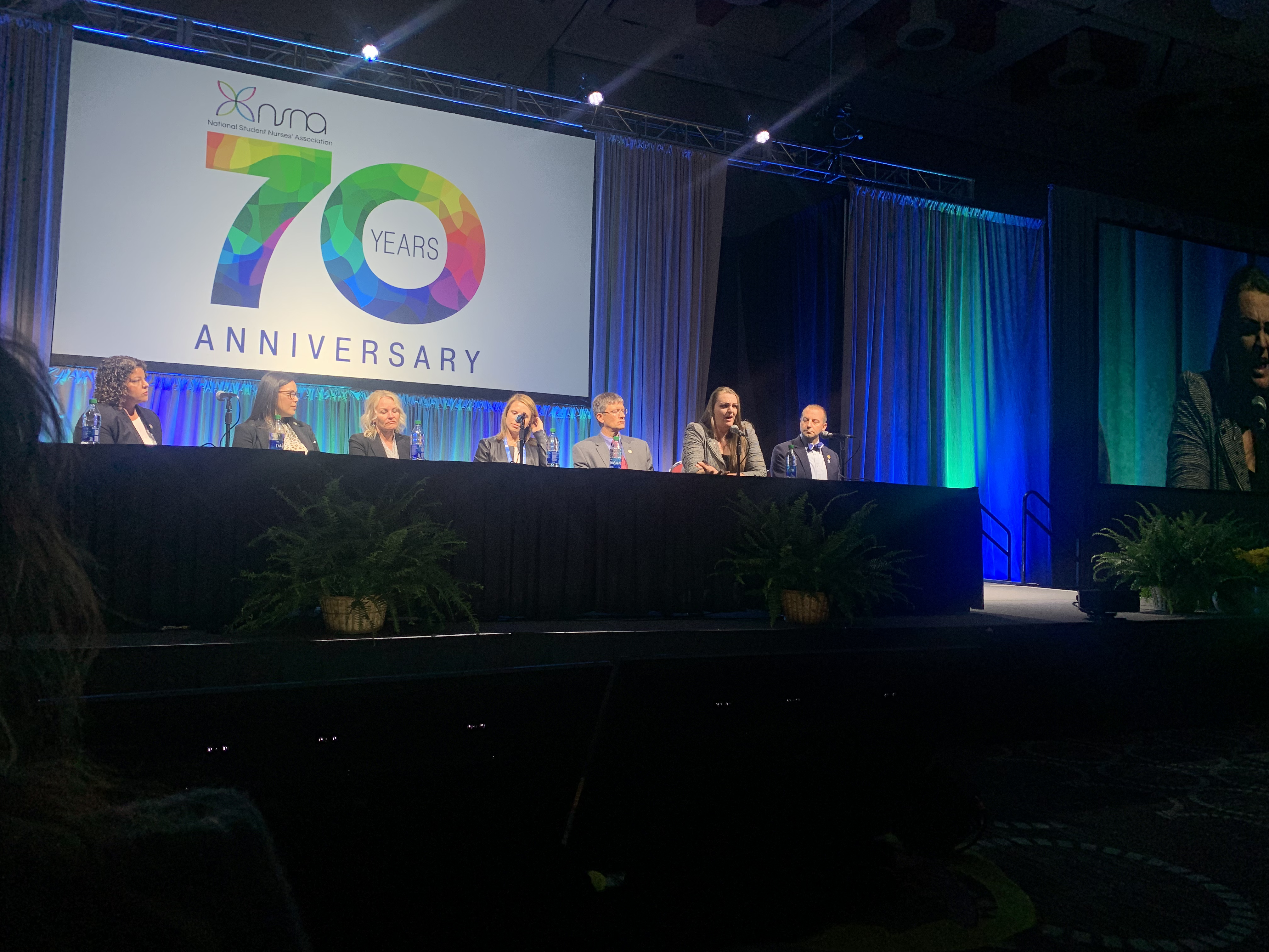Nurses talk to nursing students at the National Student Nurses' Association convention in Salt Lake City on Saturday. The panel addressed the convention's theme, "Here's to the Heroes."
