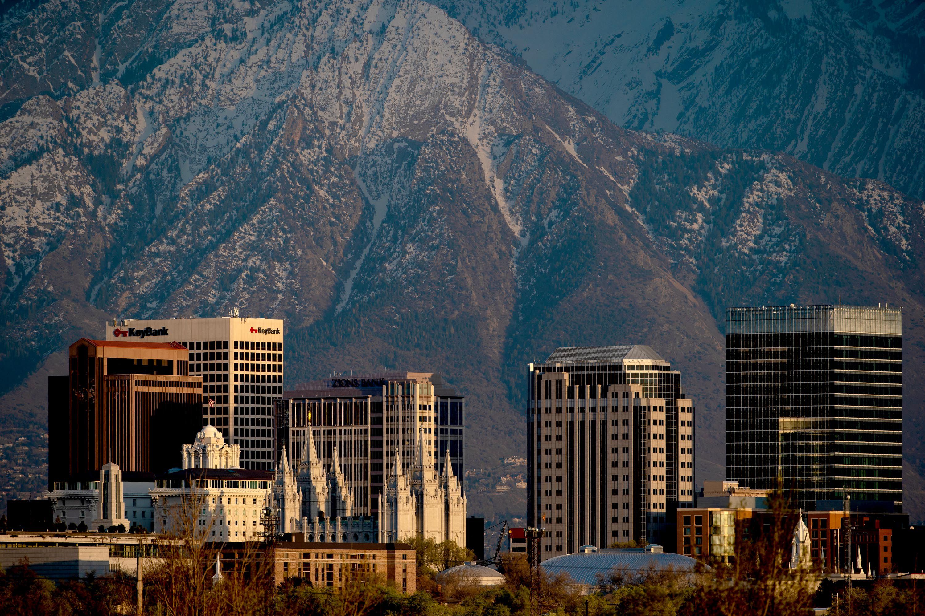 Salt Lake City is pictured at sunset on April 17, 2020. Utah is a top state in the West for its share of homegrown residents.