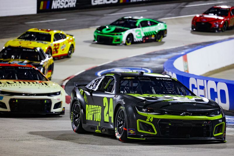 Apr 9, 2022; Martinsville, Virginia, USA; NASCAR Cup Series driver William Byron (24) races at the Blue-Emu Maximum Pain Relief 400 at Martinsville Speedway. / Ryan Hunt-USA TODAY Sports
