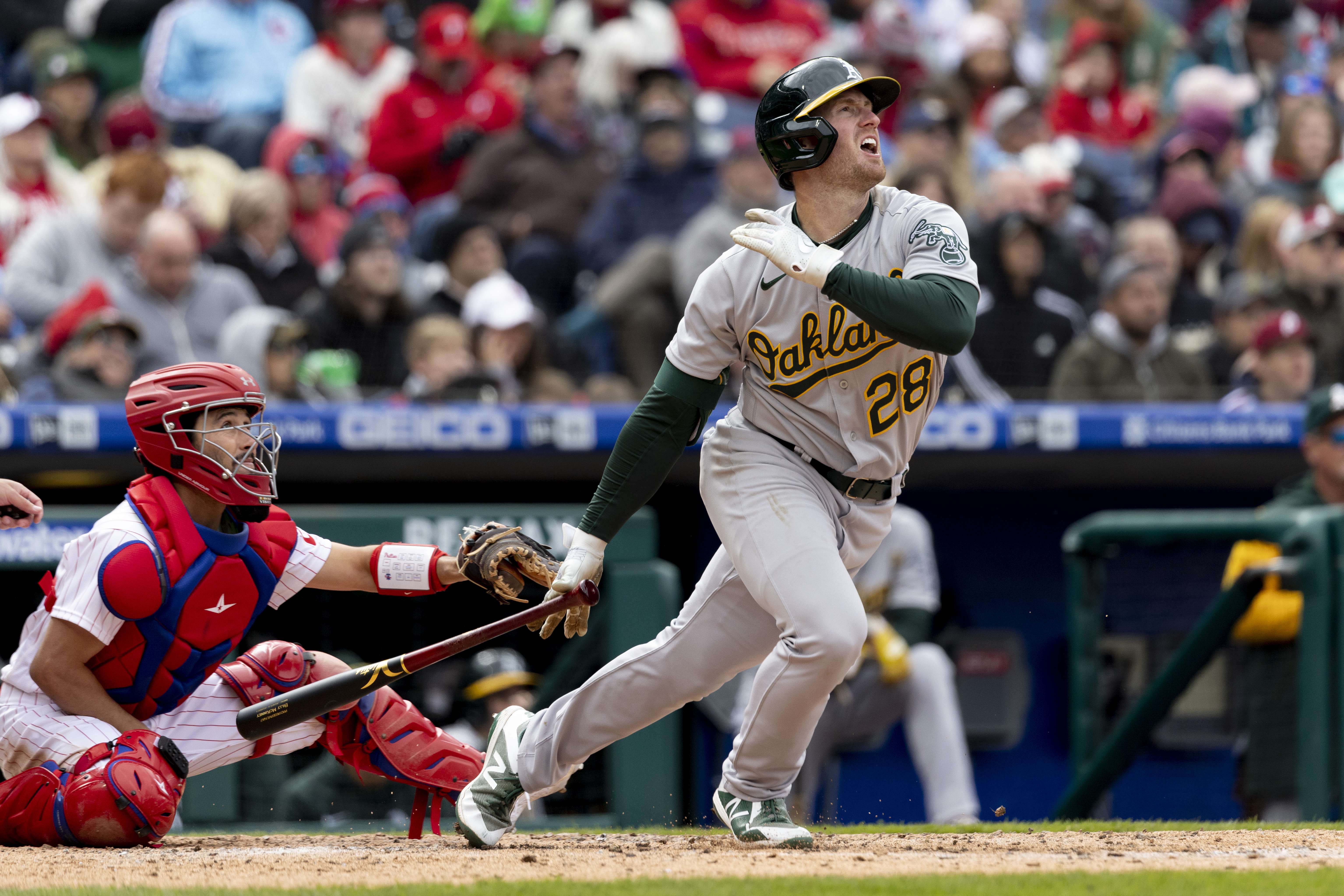 Oakland Athletics' Billy McKinney follows through on a home run during the seventh inning of a baseball game against the Philadelphia Phillies, Sunday, April 10, 2022, in Philadelphia. 
