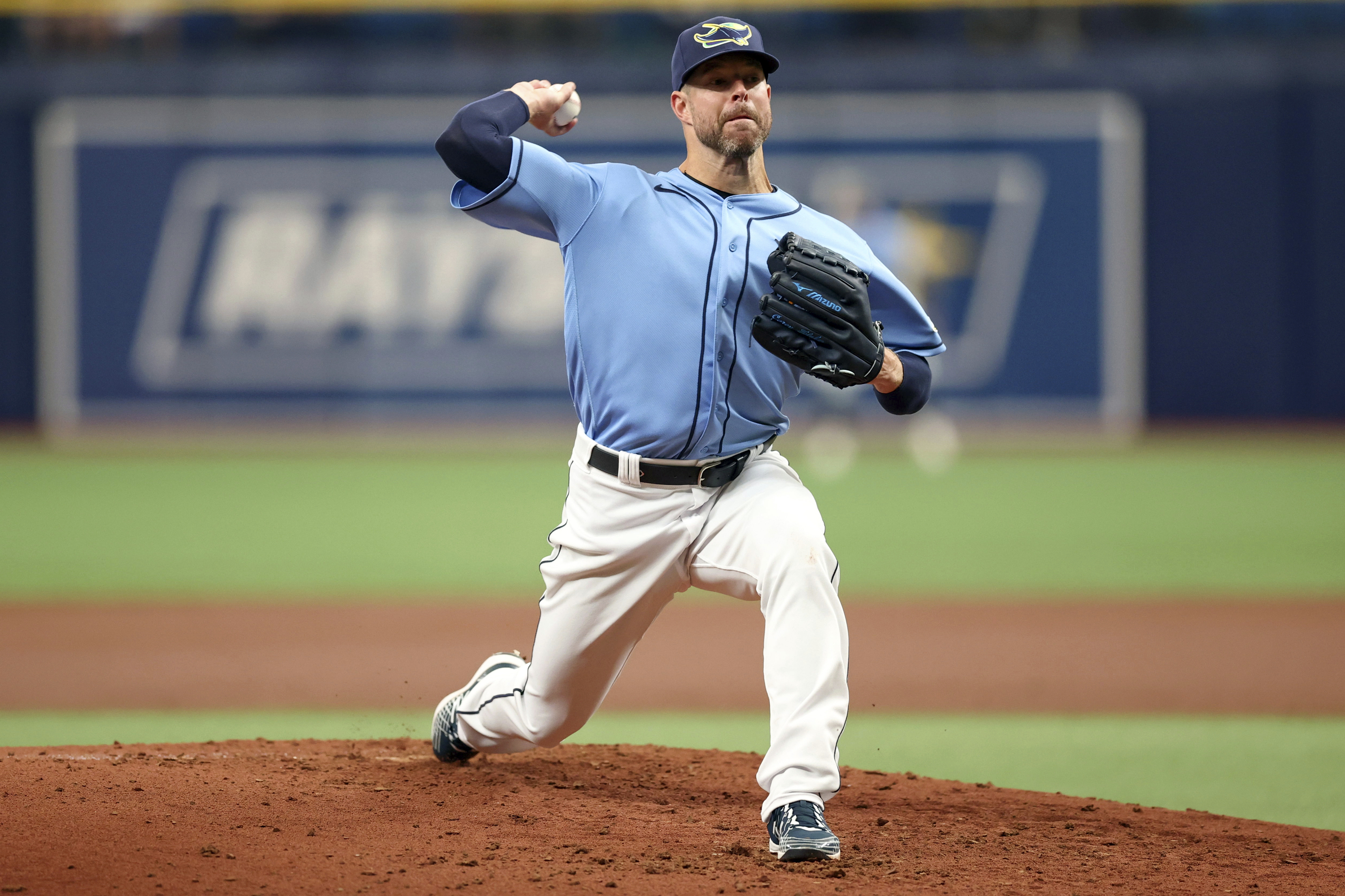 Tampa Bay Rays starting pitcher Corey Kluber throws during the second inning of a baseball game against the Baltimore Orioles, Sunday, April 10, 2022, in St. Petersburg, Fla. 