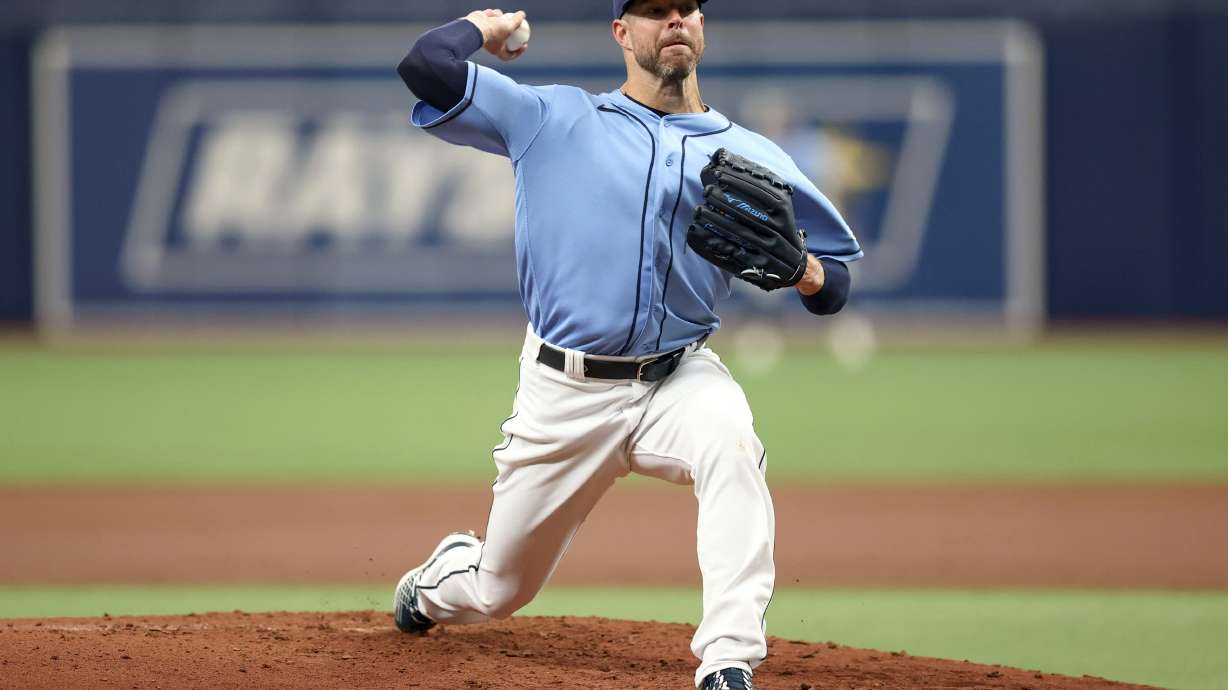 Tampa Bay Rays starting pitcher Corey Kluber throws during the second inning of a baseball game against the Baltimore Orioles, Sunday, April 10, 2022, in St. Petersburg, Fla.