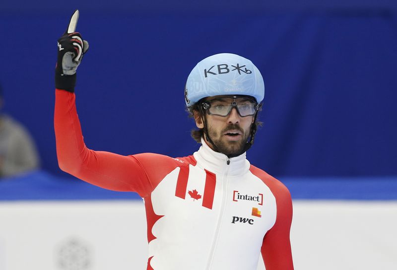 FILE PHOTO: Speed Skating - ISU World Short Track Speed Skating Championships - Men 1000m final round - Seoul, South Korea - 13/03/16 - Charles Hamelin of Canada celebrates after winning.