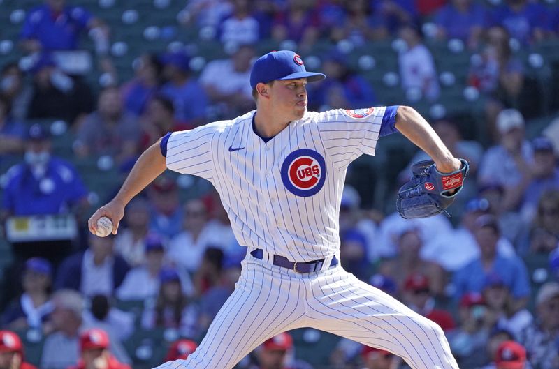 FILE PHOTO: Sep 26, 2021; Chicago, Illinois, USA; Chicago Cubs starting pitcher Keegan Thompson (71) throws the ball against the St. Louis Cardinals during the first inning at Wrigley Field.