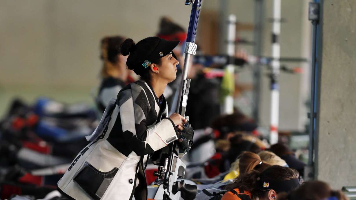 FILE - Yarimar Mercado Martinez, of Puerto Rico, competes during the women's 50-meter Rifle 3 Positions qualification, at the Olympic Shooting Center, during the 2016 Summer Olympics in Rio de Janeiro, Brazil, Aug. 11, 2016. Mercado Martinez's mother, Mabel Martinez, 56, was killed by a stray bullet in her Connecticut home over the weekend, authorities announced Monday, April 11, 2022.