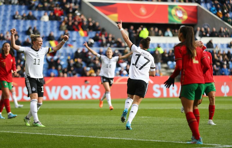 FILE PHOTO - Soccer Football - FIFA Women's World Cup - UEFA Qualifiers - Group H - Germany v Portugal - Bielefelder Alm, Bielefeld, Germany - April 9, 2022 Germany's Felicitas Rauch celebrates scoring their third goal