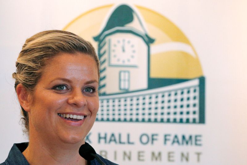 FILE PHOTO: Kim Clijsters of Belgium smiles during a news conference before being inducted into the International Tennis Hall of Fame in Newport, Rhode Island, U.S., July 22, 2017.