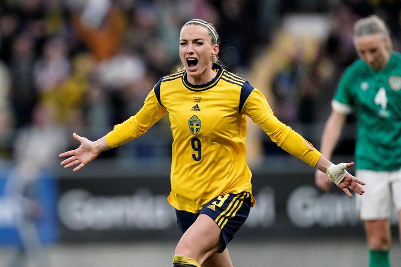 Soccer Football - FIFA Women's World Cup - UEFA Qualifiers - Group A - Sweden v Republic of Ireland - Gamla Ullevi, Gothenburg, Sweden - April 12, 2022 Sweden's Kosovare Asllani celebrates scoring their first goal  Bjorn Larsson Rosvall/TT News Agency