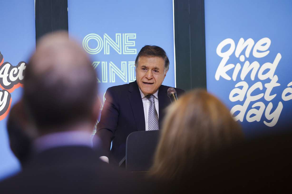 Khosrow Semnani, founder of the Semnani Family Foundation, launches the “One Kind Act a Day” global campaign at the Gallivan Center in Salt Lake City on Tuesday.