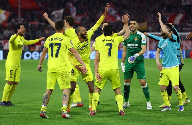 Soccer Football - Champions League - Quarter-Final - Second Leg - Bayern Munich v Villarreal - Allianz Arena, Munich, Germany - April 12, 2022  Villarreal players celebrate after the match