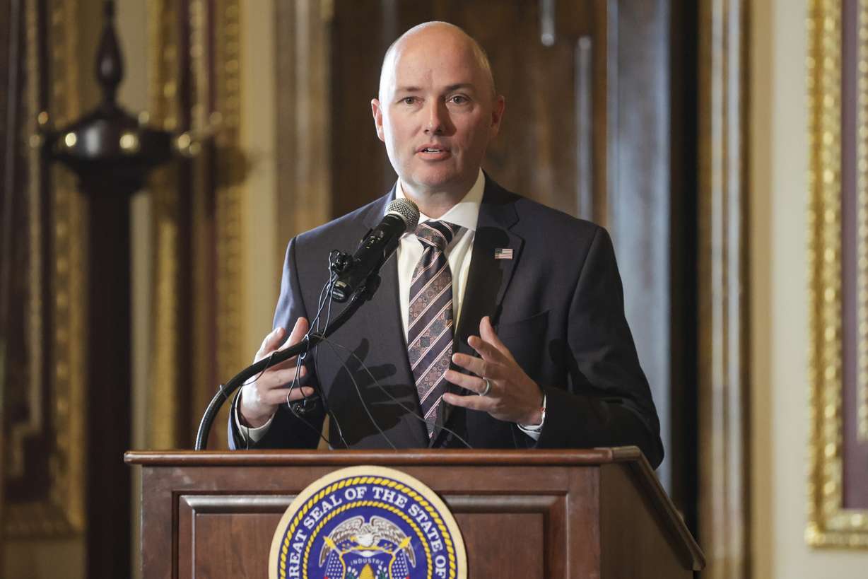 Gov. Spencer Cox speaks before the ceremonially signing bills focused on law enforcement and mental health issues at the Capitol in Salt Lake City on Tuesday, April 12, 2022.