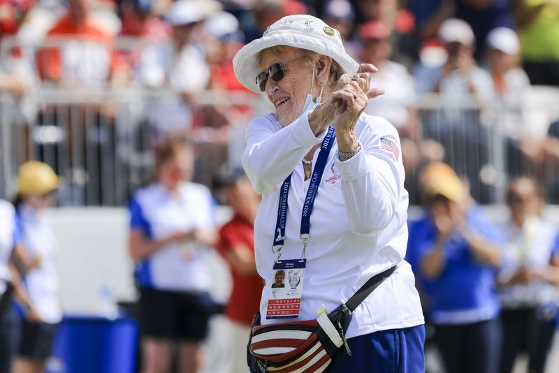 FILE PHOTO: Sep 5, 2021; Toledo, Ohio, USA; Professional golfer and co-founder of the LPGA Tour, Shirley Spork stands on the first tee box during competition rounds of the Solheim Cup golf tournament at Inverness Club.