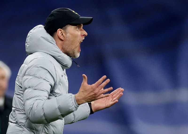 Soccer Football - Champions League - Quarter Final - Second Leg - Real Madrid v Chelsea - Santiago Bernabeu, Madrid, Spain - April 12, 2022 Chelsea manager Thomas Tuchel reacts Action Images via Reuters/Paul Childs