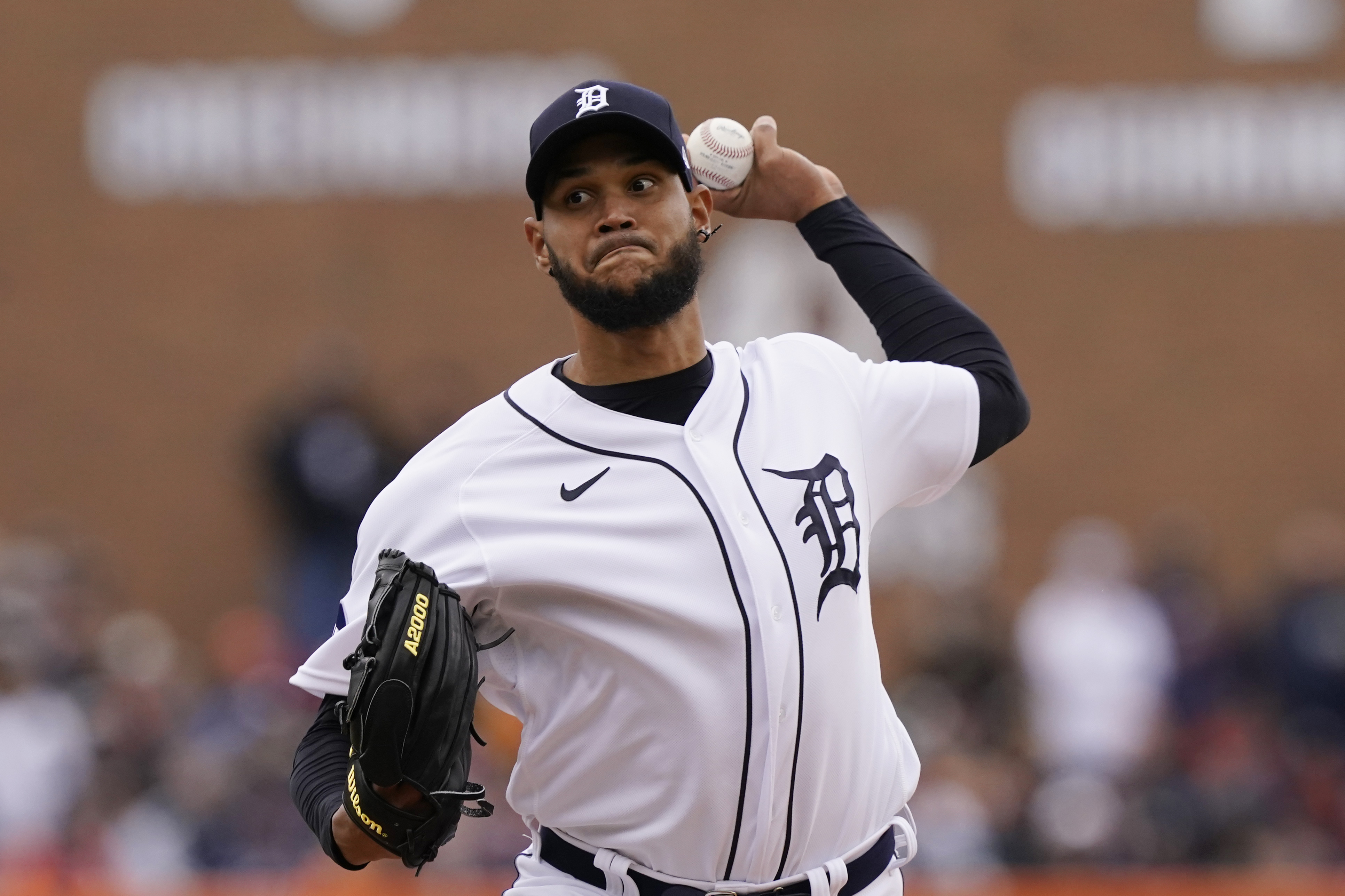 Detroit Tigers starting pitcher Eduardo Rodriguez throws during the first inning of a baseball game against the Chicago White Sox, Friday, April 8, 2022, in Detroit. 