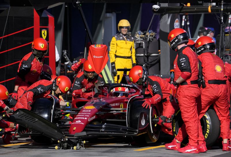FILE PHOTO: Formula One F1 - Australian Grand Prix - Melbourne Grand Prix Circuit, Melbourne, Australia - April 10, 2022 Ferrari's Charles Leclerc's pit crew in action during the race