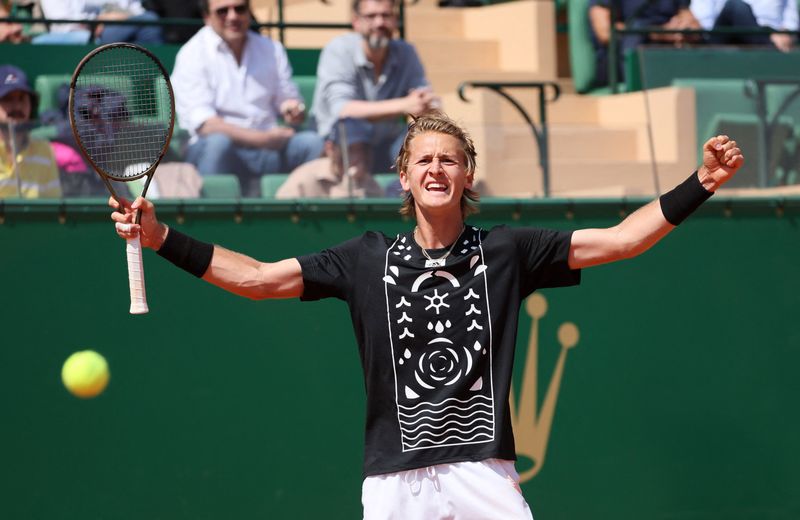 Tennis - ATP Masters 1000 - Monte Carlo Masters - Monte-Carlo Country Club, Roquebrune-Cap-Martin, France - April 13, 2022 Sebastian Korda of the U.S. celebrates winning his second round match against Spain's Carlos Alcaraz Garfia